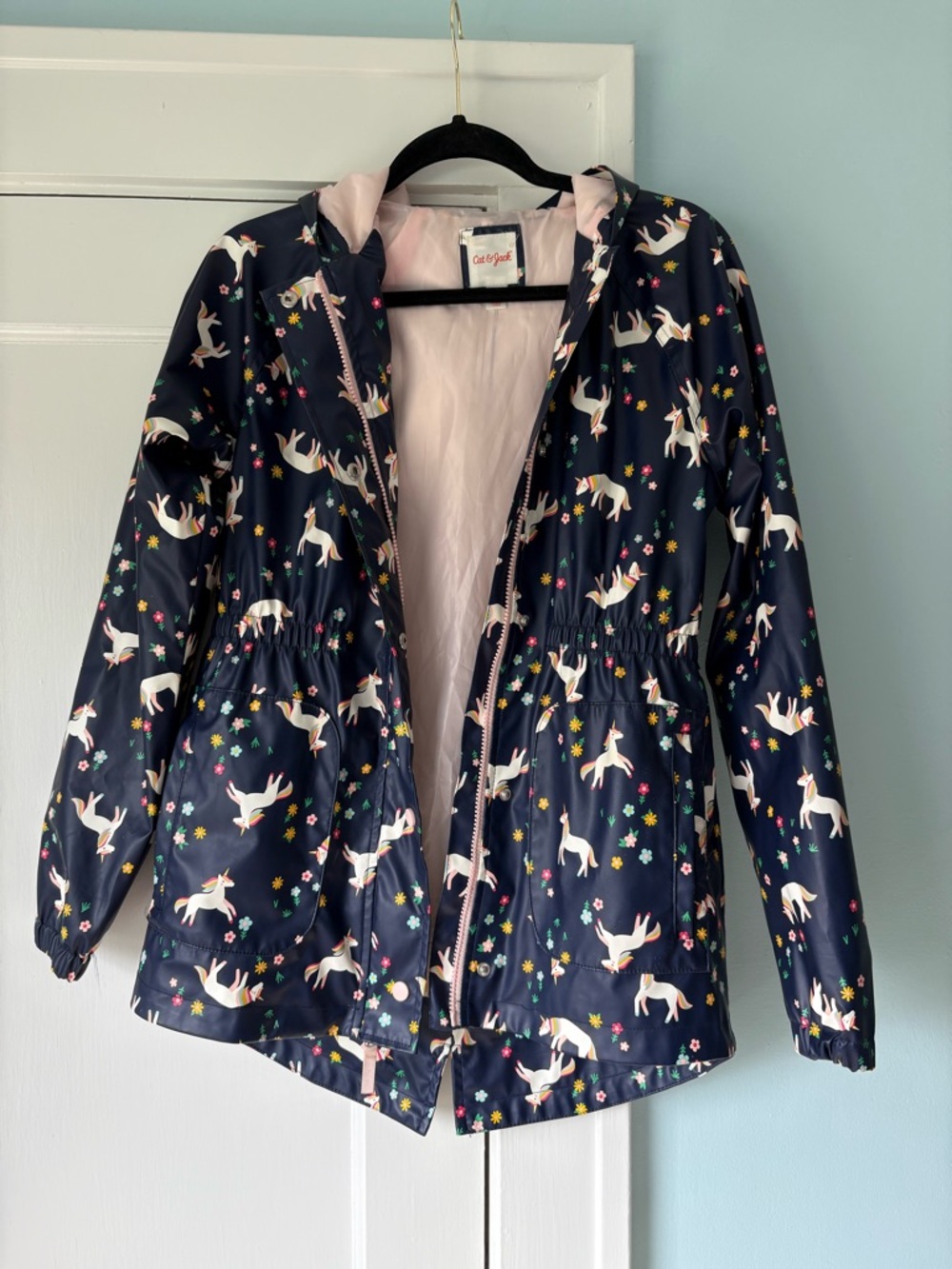 Cat & Jack Girls Navy Unicorn & Floral Whimsical Fairy Print Hooded Raincoat